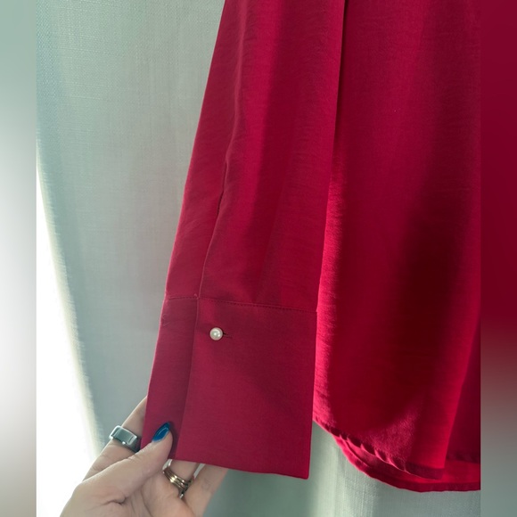 Zara Hot Pink Collared Button Up Long Sleeve Blouse with Pearl Embellishments M - Picture 10 of 14